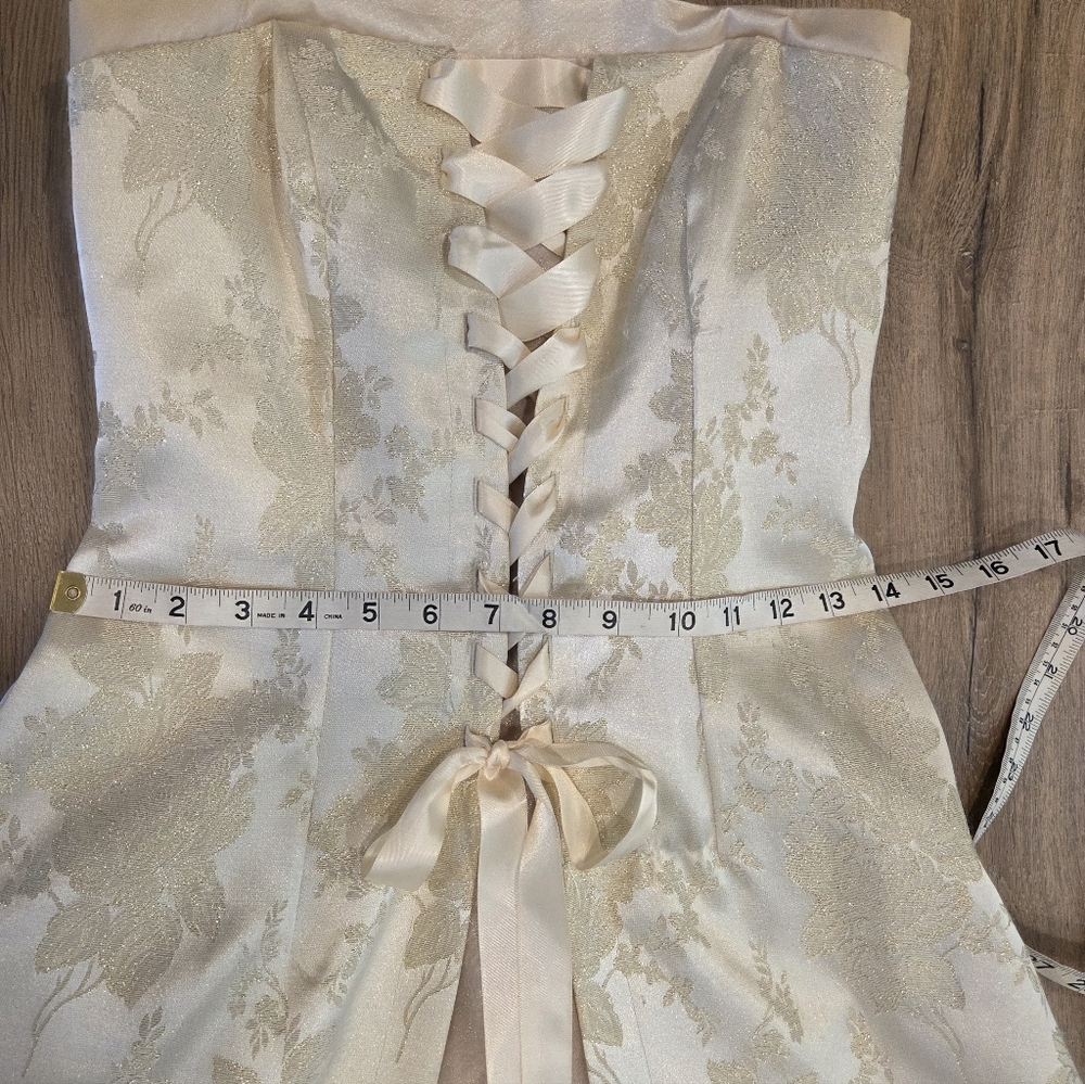Vtg Ivory Brocade Masquerade  9/10 Wedding Formal Dress Strapless Corset Front - Picture 8 of 12